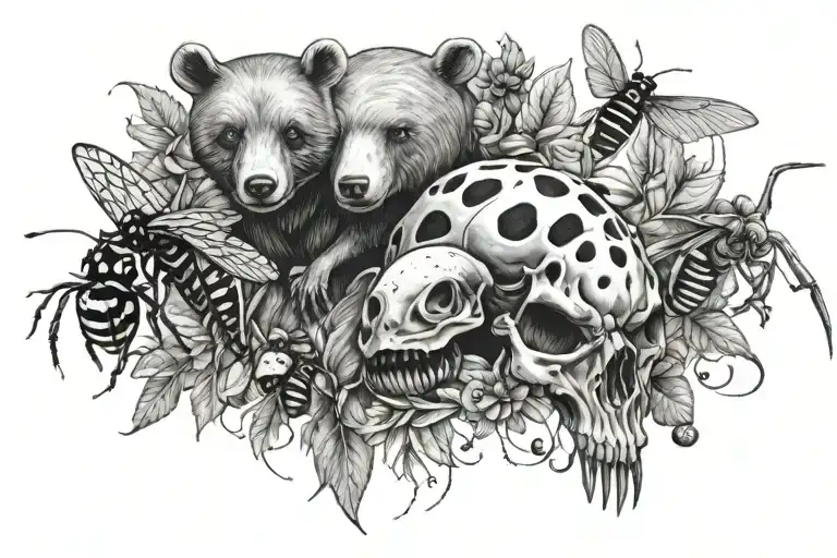ladybug, bear, bee, dinosaur skeleton tattoo design idea