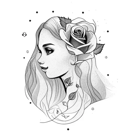 A portrait of a beautiful girl with a rose in her hair and the words 'Wanderlust' underneath tattoo design idea