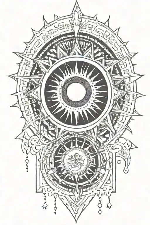 Tattoo consisting the sun from tarrot, philoshopy, OM, Sanskrit mantras and place on shoulder tattoo design idea