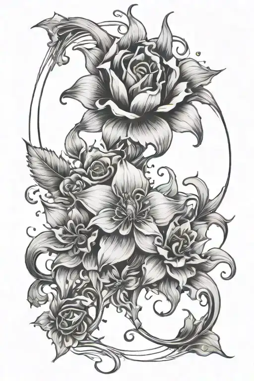 A mystical interpretation of the Fleur de naissance with a celestial theme for each birth month (October, February, April, November) tattoo design idea
