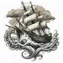 A giant squid wrapped around a vintage ship battling a stormy sea tattoo design idea