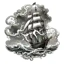 A giant squid wrapped around a vintage ship battling a stormy sea tattoo design idea