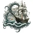 A giant squid wrapped around a vintage ship battling a stormy sea tattoo design idea