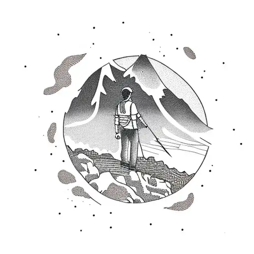 A dotwork design of a hiker standing on a cliff edge, overlooking a beautiful countryside landscape tattoo design idea