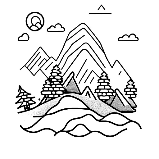 A design of a hiker standing on a cliff edge, overlooking a beautiful countryside landscape tattoo design idea
