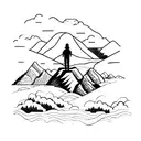 A design of a hiker standing on a cliff edge, overlooking a beautiful countryside landscape tattoo design idea