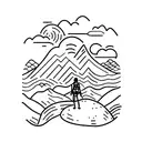 A design of a hiker standing on a cliff edge, overlooking a beautiful countryside landscape tattoo design idea