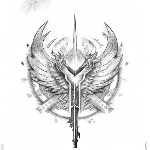 Dotwork "Phoenix Key Sword Torch Hecate Symbols" Tattoo Idea BlackInk AI