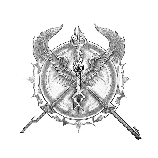 Phoenix key sword torch hecate symbols tattoo design idea