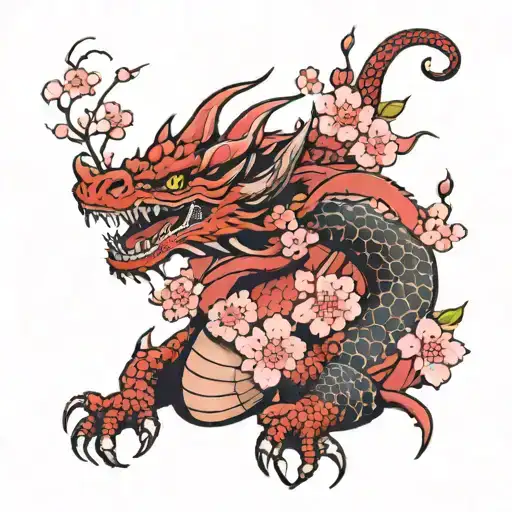 red full dragon tattoo with pink cherry blossoms tattoo design idea