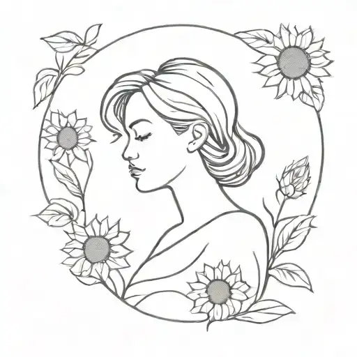A minimalist tattoo of a silhouette of a girl named Elaine surrounded by sunflowers tattoo design idea