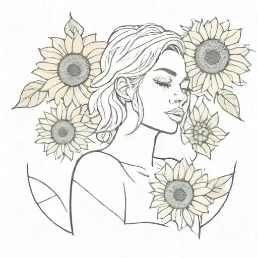 A minimalist tattoo of girl named Elaine surrounded by sunflowers, she's an aries and fire sign. tattoo design idea