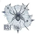 "16" in large text over "O Holy Day" in small text under, with spider web in background tattoo design idea