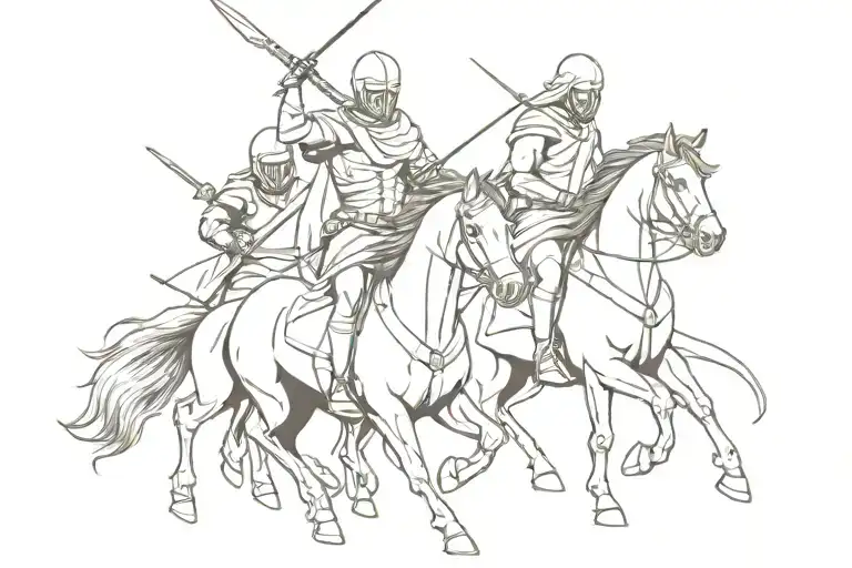 four horsemen of apocalypse riding together next to each other with long swords and axes facing front  tattoo design idea