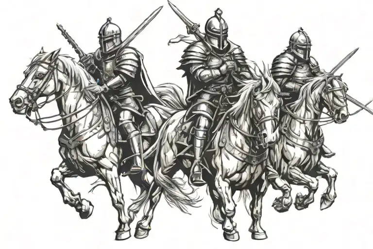 4 horsemen knights of apocalypse riding together next to each other with lethal war weapons facing front  tattoo design idea