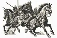 4 horsemen of apocalypse riding across earth on horses looking majestic knights with lethal archaic weapons  tattoo design idea