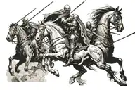 4 horsemen of apocalypse riding across earth on horses looking majestic knights with lethal archaic weapons  tattoo design idea
