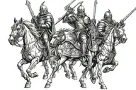 4 horsemen knights of apocalypse riding together next to each other with lethal war weapons facing front  tattoo design idea