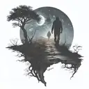 The silhouette of a man walking a path from earth to the universe/afterlife. Dead and live nature on each side of path tattoo design idea