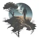 The silhouette of a man walking a path from earth to the universe/afterlife. Dead and live nature on each side of path tattoo design idea