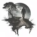 The silhouette of a man walking a path from earth to the universe/afterlife. Dead and live nature on each side of path tattoo design idea