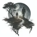 The silhouette of a man walking a path from earth to the universe/afterlife. Dead and live nature on each side of path tattoo design idea