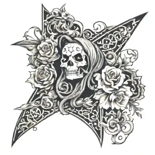 A sleeve tattoo featuring a mix of Heavy Metal band logos like Slipknot and Metallica, surrounded by intricate black and grey floral patterns tattoo design idea