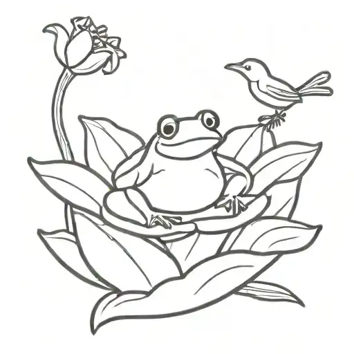 frog on a lily pad with a bird on it tattoo design idea
