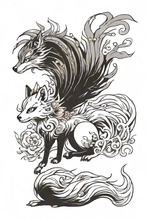 queen himiko okami ninetails fox aquarelle tattoo design idea