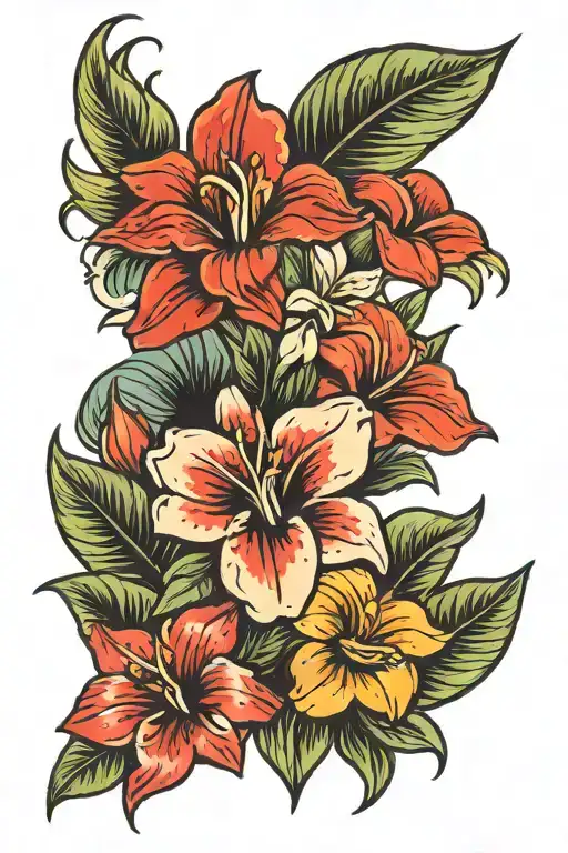 tropical flowers tattoo design idea