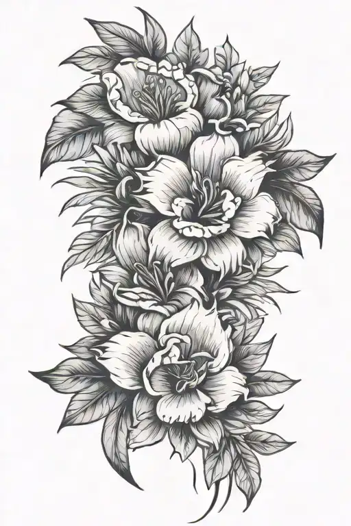 tropical flowers thigh piece tattoo design idea