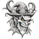 evil jester, hat, evil eyes, evil grin, smoke rising tattoo design idea