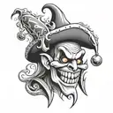 evil jester, hat, evil eyes, evil grin, smoke rising tattoo design idea