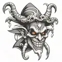 evil jester, hat, evil eyes, evil grin, smoke rising tattoo design idea