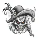evil jester, hat, evil eyes, evil grin, smoke rising tattoo design idea