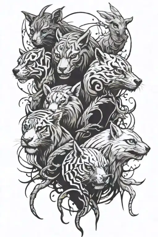 A dark and twisted tattoo of animals from a horror video game coming to life tattoo design idea