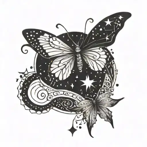 A detailed blackwork tattoo of a butterfly flying over a crescent moon, surrounded by intricate dotwork stars tattoo design idea