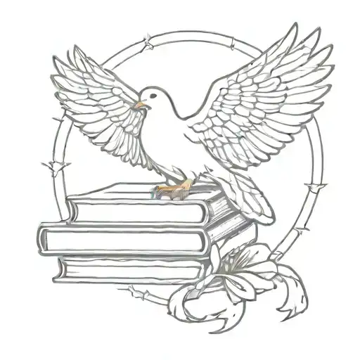 fine line tattoo of a dove wearing an angel halo sleeping on small stack of books make it minimalistic tattoo design idea