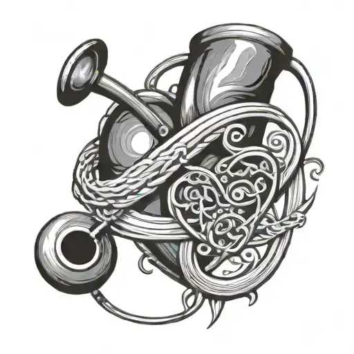 A nurse's heart-shaped stethoscope surrounded by swirling waves and musical symbols, reflecting the client's dedication to healthcare and love for music tattoo design idea