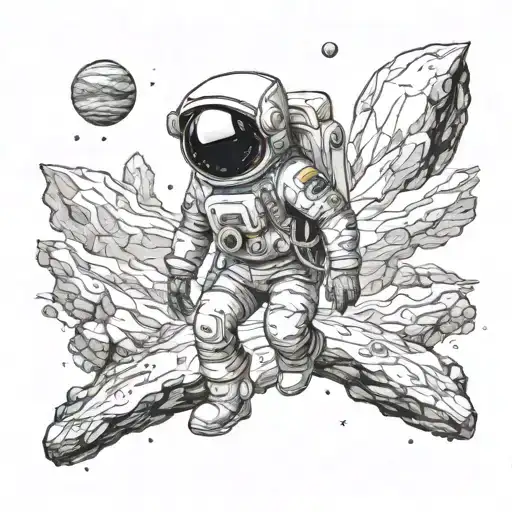 surrealistic small man in the astronaut outfit lost in wild Universe. empathize choices to be made to return home.  tattoo design idea