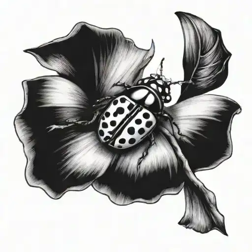 A realistic blackwork ladybug with a Cancer ribbon intertwined tattoo design idea