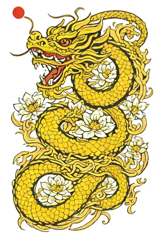 Vietnamese dragon with lotus flowers growing tattoo design idea