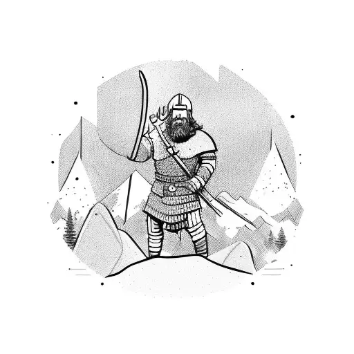 A Viking warrior playing a guitar on a rocky mountain peak tattoo design idea