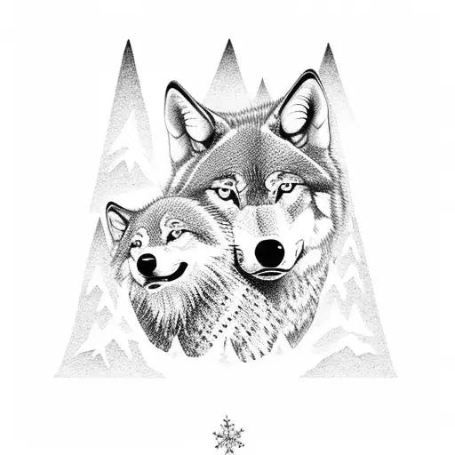 A dotwork tattoo of a wolf and its family standing atop a snowy mountain peak tattoo design idea