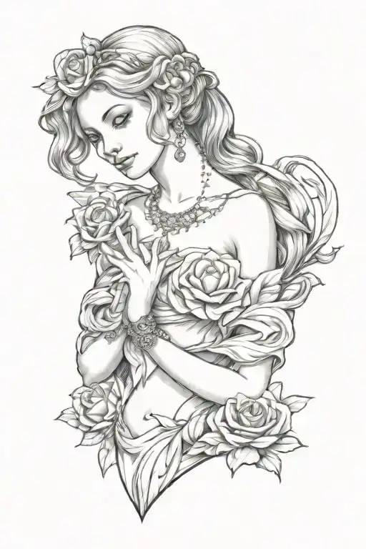 full body Aphrodite realistic beautiful girl with heart necklace shoulder tattoo tattoo design idea