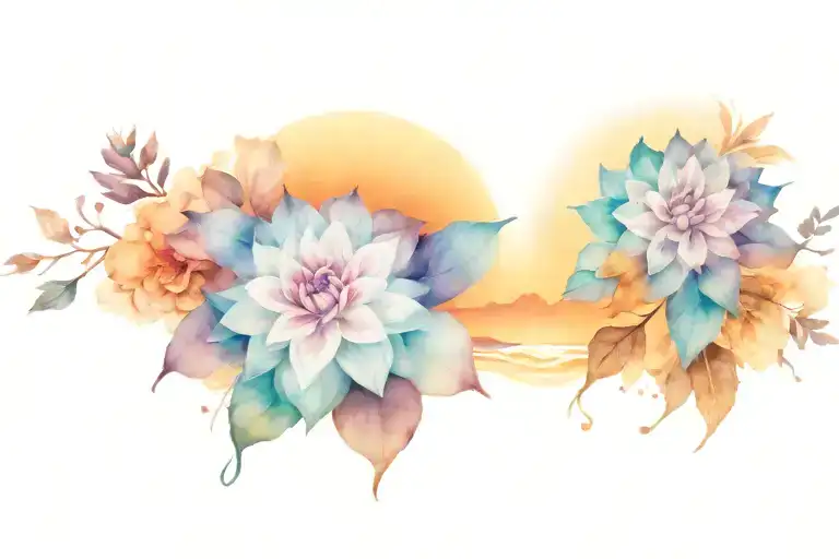 purple and blue dahlias, with a sunset background, warercolor. style windmill and wolf paw print.  tattoo design idea