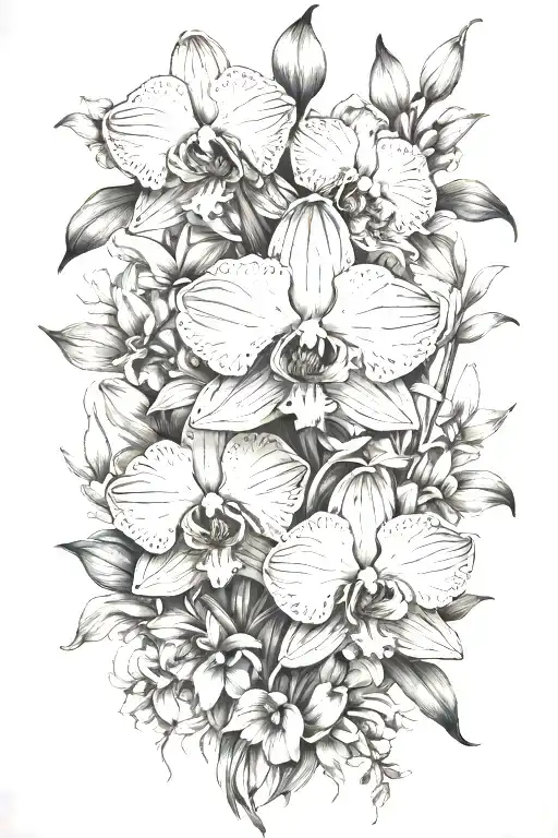 make a complex of orchids, narcisus and daisy flowers tattoo design idea