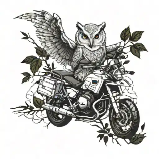 A detailed blackwork design of a white owl perched on a branch, with ancient Greek symbols subtly incorporated into the background, riding a BMW R1250GS Adventure motorcycle through a winding road around your forearm. tattoo design idea