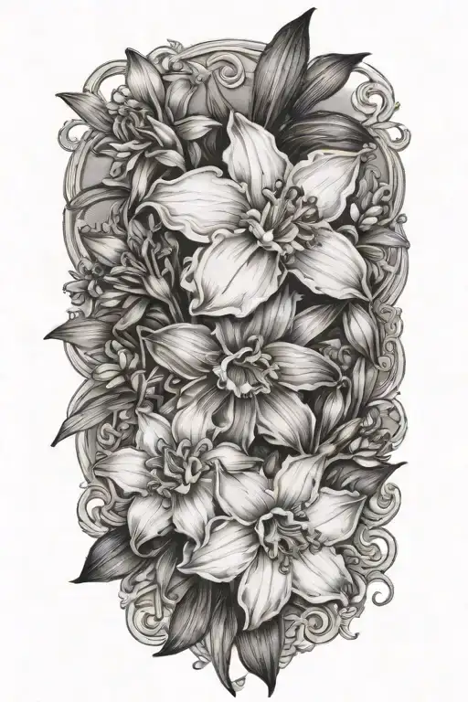 Black And Grey "Narcissus And orchid And daisy Of The Valley Flower Bouquet" Tattoo Design Idea tattoo design idea