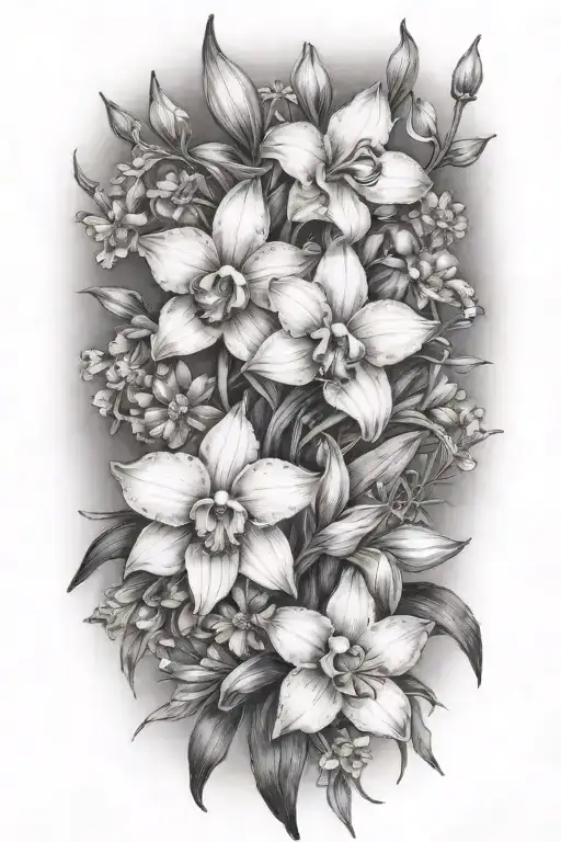 Black And Grey "Narcissus And orchid And daisy Of The Valley Flower Bouquet" Tattoo Design Idea tattoo design idea